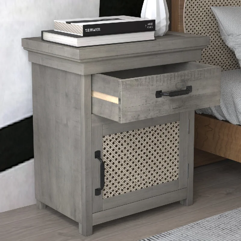 Rustic Nightstand with Drawer and Rattan Design Cabinet,Gray