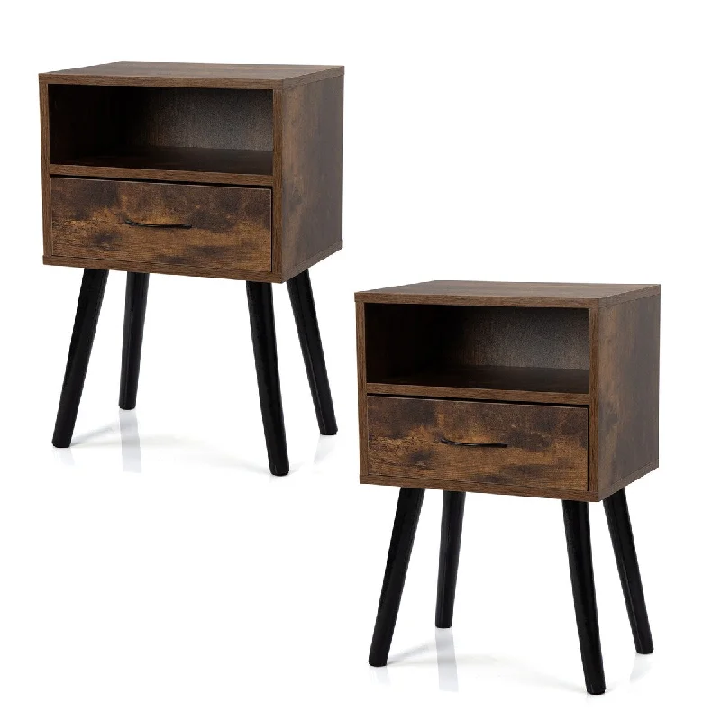 Set of 2 Mid Century Nightstand, Side Table with Drawer and Shelf nRustic Brown