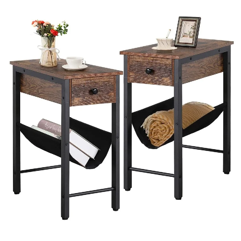 Set of 2 Nightstand with Drawer and Storage Holder, Industrial H Shaped Snack Desk, Rustic Brown