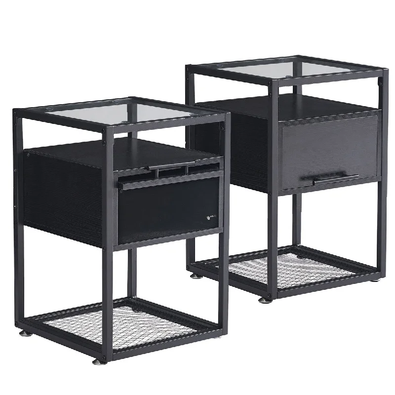 Set of 2 Tempered Glass Top Nightstand with Flip Drawer and Mesh Shelf