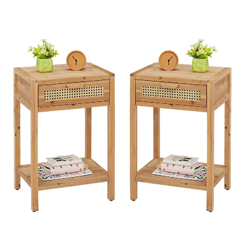 Set of Two Rattan Nightstand with Drawers - Mid Century Natural Wood Modern Side Table with Woven Pattern Drawer