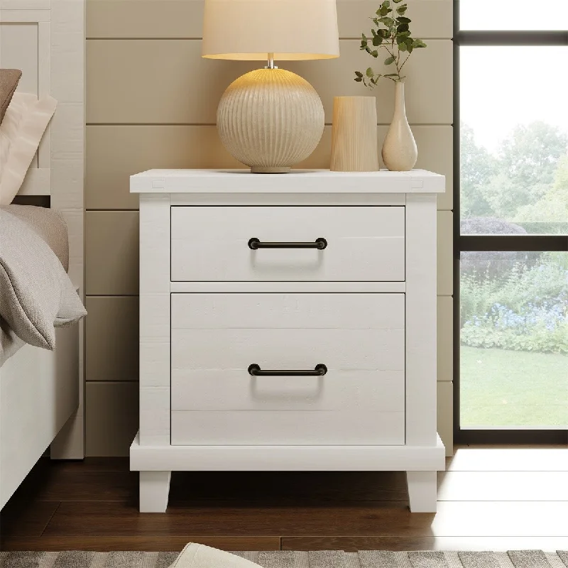 Solid Pine Wood Whitewash Two-Drawer Nightstand