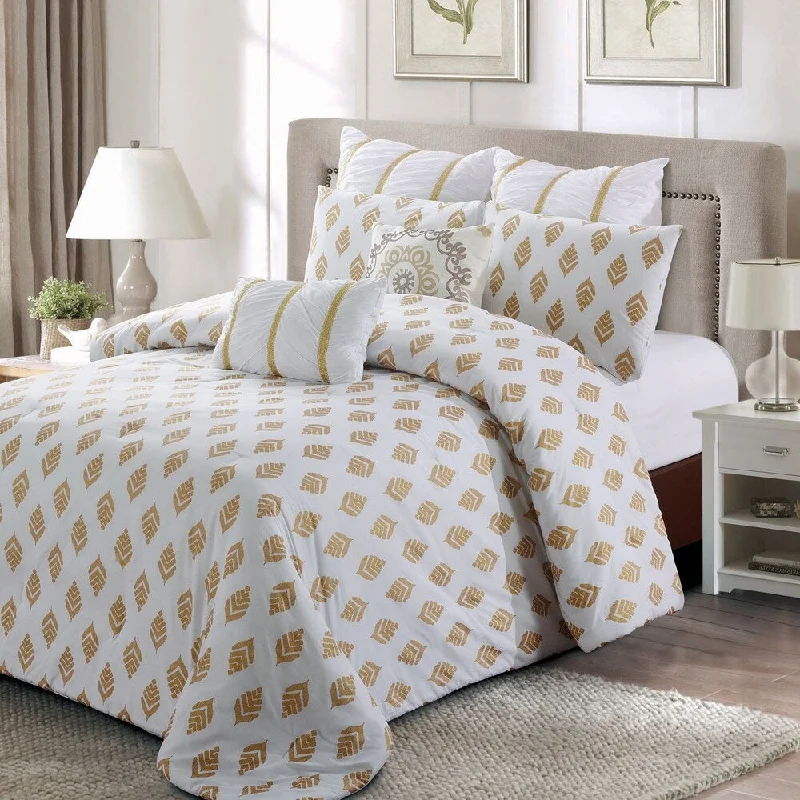 Style quarters - Gold Leaf 7pc Comforter Set-100% cotton- Abstract Gold Leaves Pattern - Machine Washable - King