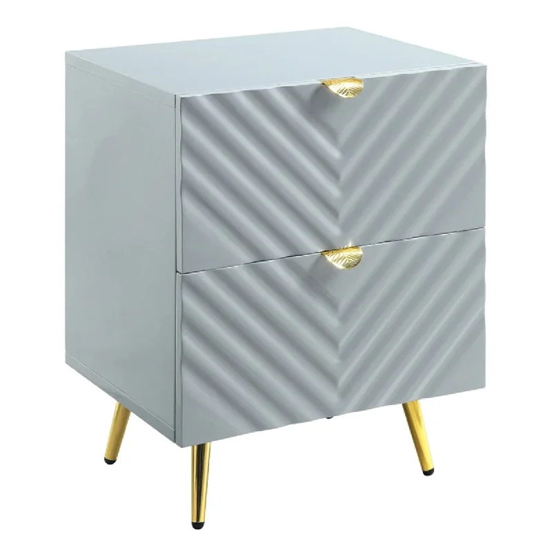 Tyra 25 Inch Wood Nightstand, Textured Wavy Design, Gold Metal Legs, Gray