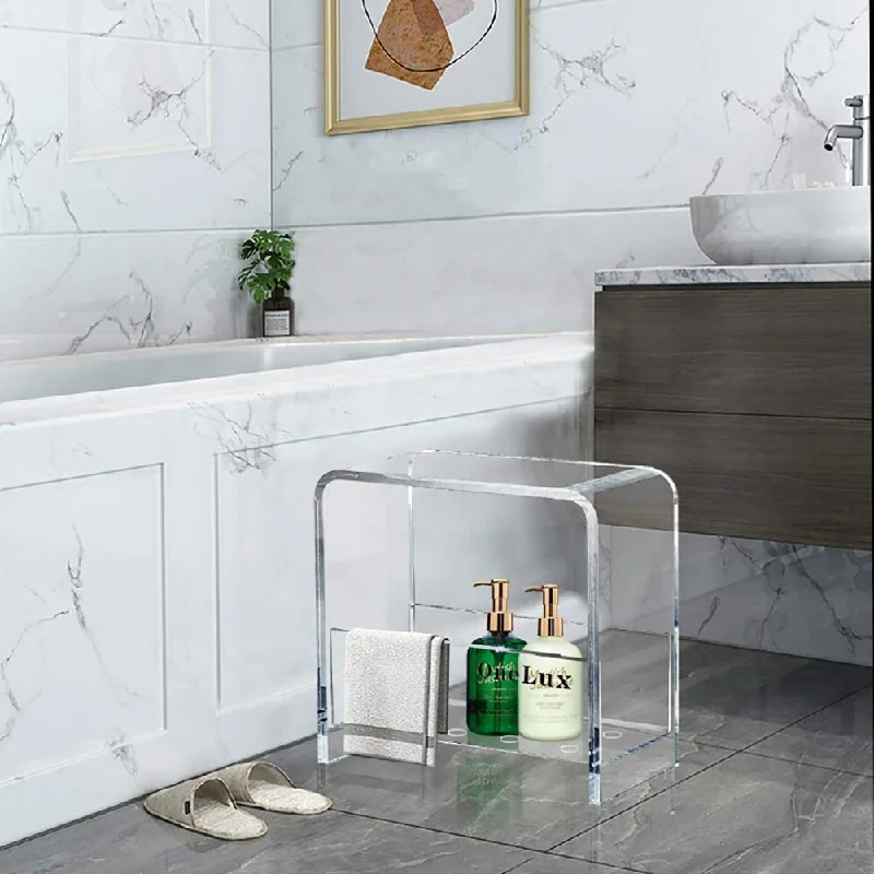 Waterfall Clear Acrylic Vanity Bathroom Side Table with Additonal Shelf,Lucite U-Shaped Nightstand Table