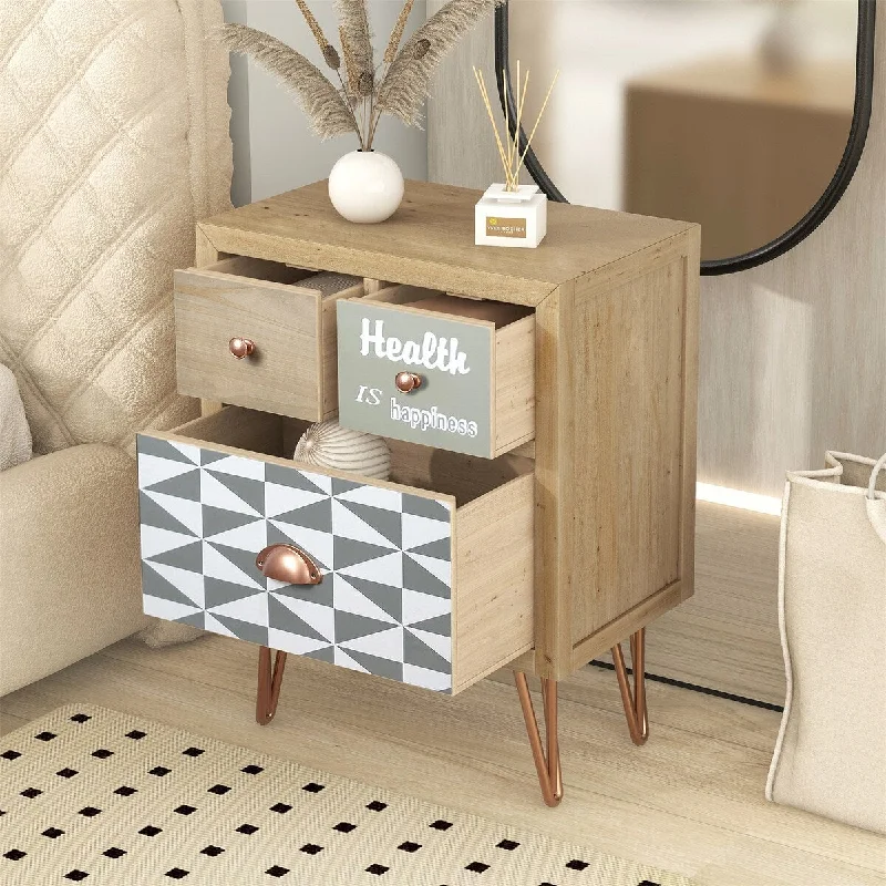 Wooden Nightstand with 3 Drawers and Metal Feet