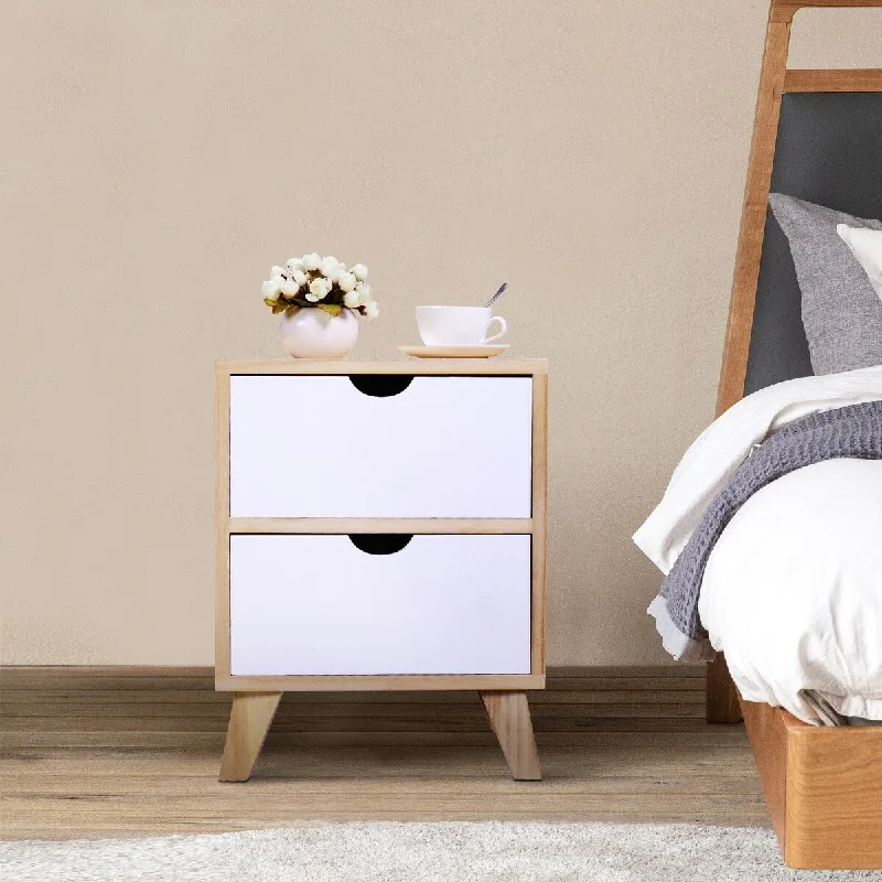 Wooden Nightstand with Two Drawers, Burlywood & White