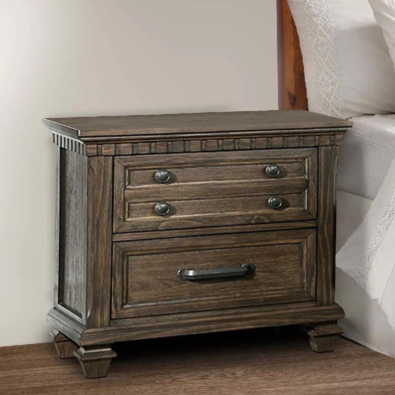 Ziv 29 Inch Classic Wood Nightstand, 2 Drawers, Metal Bar Handles, Brown