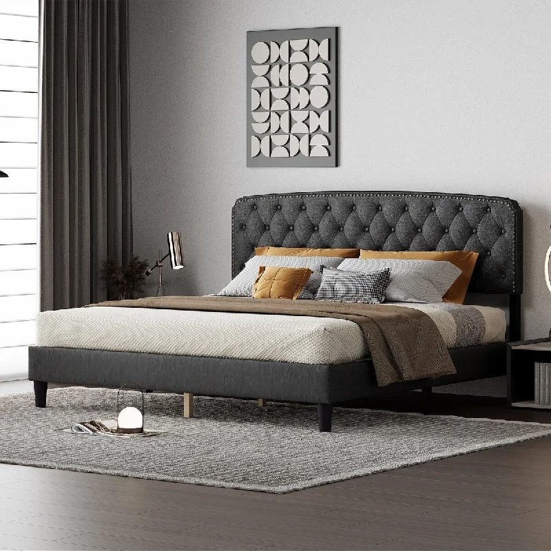 DARK GREY King Size Upholstery Bed with Adjustable Headboard and Button Tufting