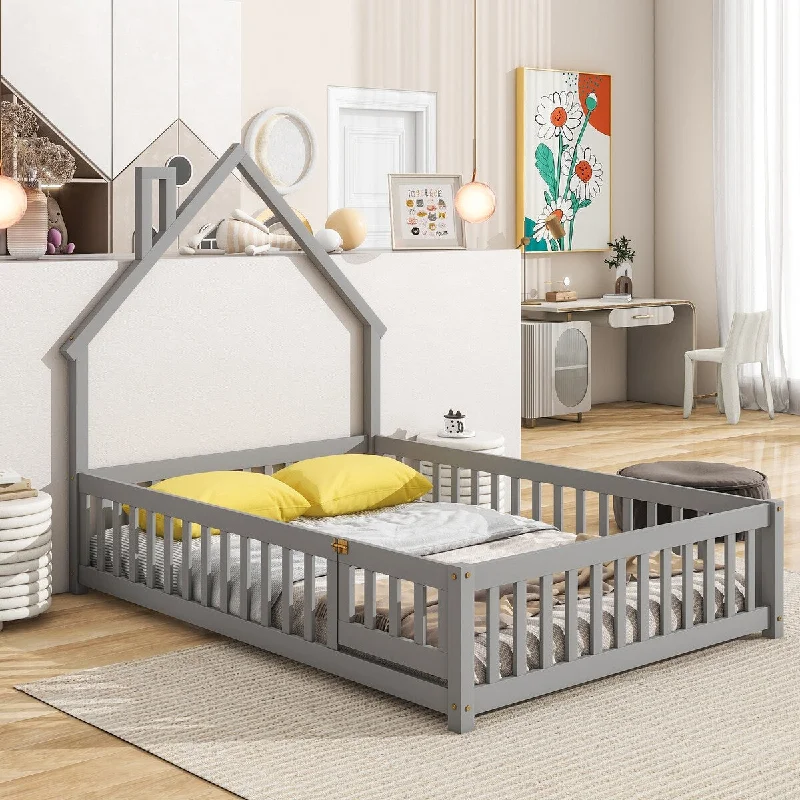 Full House-Shaped Headboard Floor Bed with Fence, Bed Platform with Fence Design