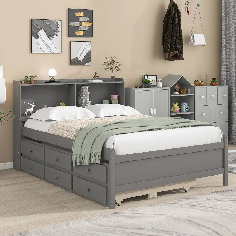 Full Platform Bed with Storage Headboard and Twin Trundle, Drawers