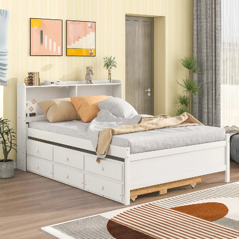 Full Platform Bed with Storage Headboard and Twin Trundle, Drawers