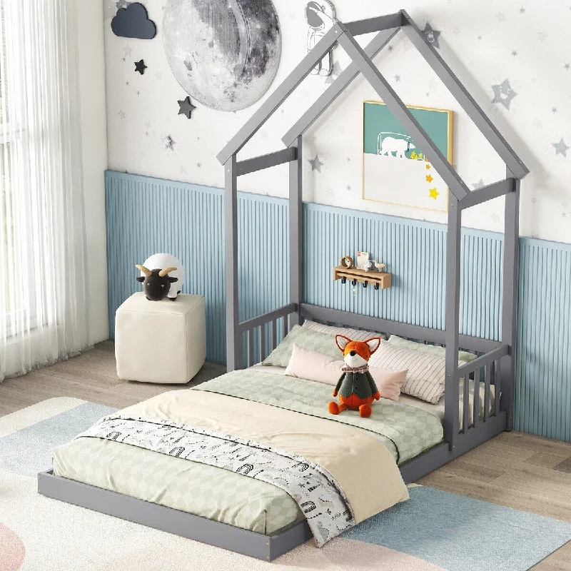 Full Size Floor Bed With House-shaped Roof Headboard Without Slats,Quality and Safety GuaranteedFor Kids