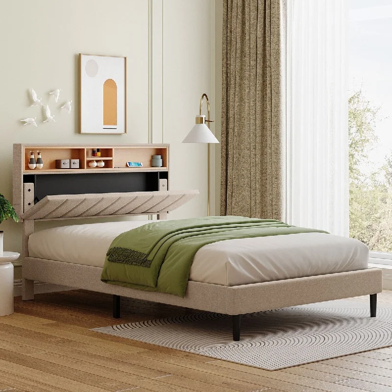 Full size Linen Upholstered Platform Bed with Storage Headboard & USB, Beige