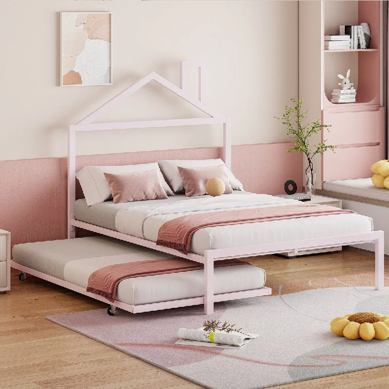 Full Size Metal Platform Bed,House-Shaped Headboard Design,twin size trundle,Pink