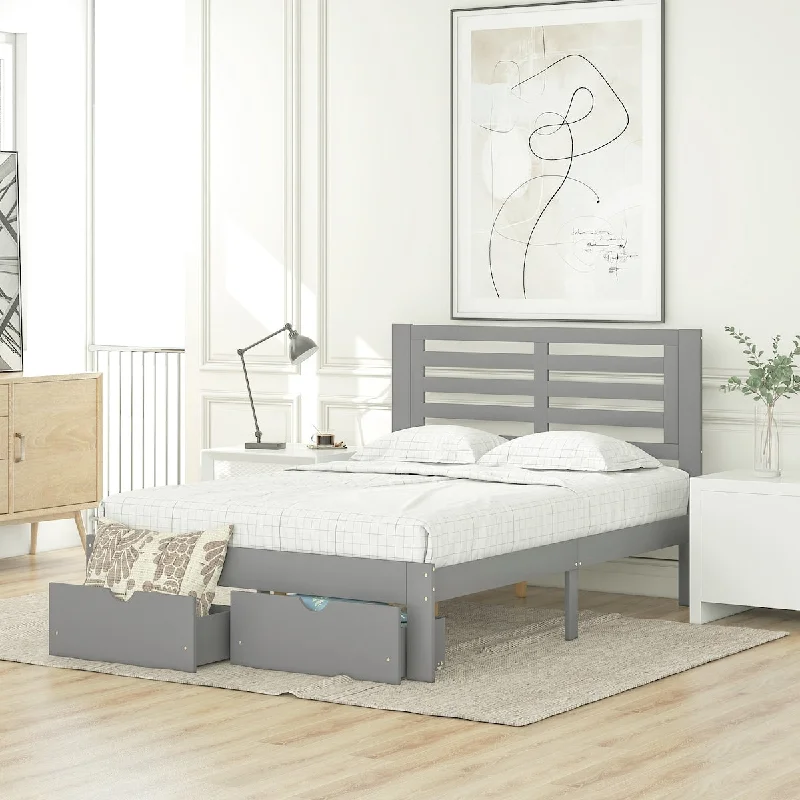 Full Size Platform Bed with 2 Drawers, Solid Wood Bed Frame with Headboard and Footboard, No Box Spring Needed, Easy Assembly