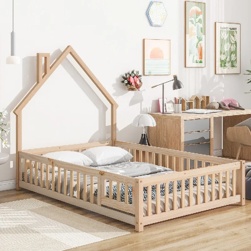 Full Size Stylistic House-Shaped Headboard Floor Platform Bed With Fence,Kids Bedroom Set