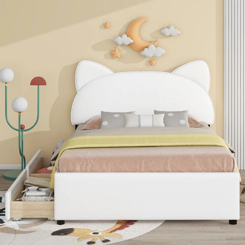 Full Size Upholstered Platform Bed with Cartoon Ears Shaped Headboard and 2 Drawers,White