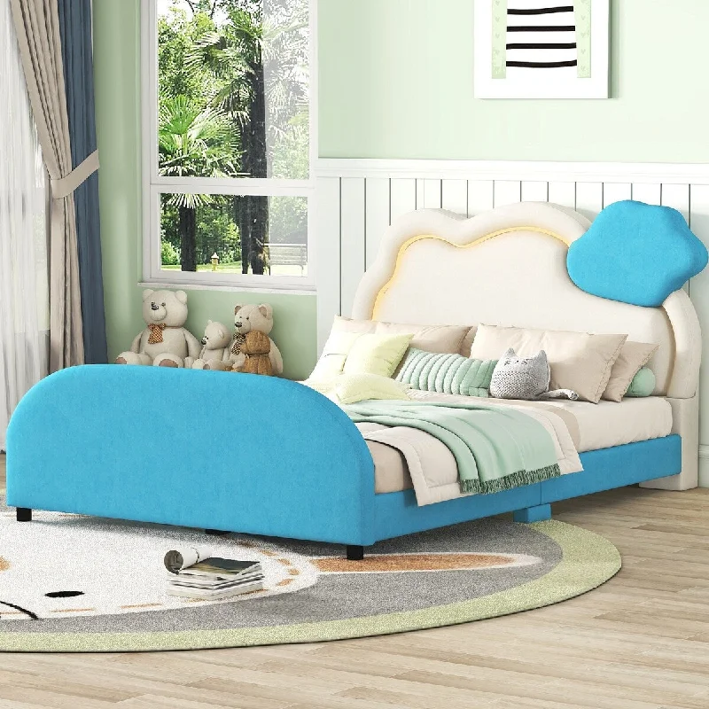 Full Size Upholstered Platform Bed with Cloud-Shaped Headboard and Embedded Light Stripe