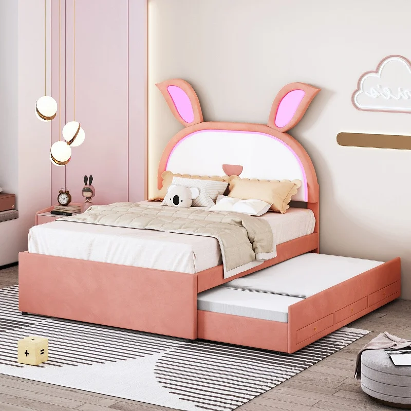 Full Size Upholstered Platform Bed with Trundle, 3 Drawers, Rabbit-Shaped Headboard and Embedded LED Lights, Pink