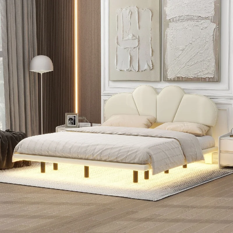 Full Size Upholstery Platform Bed with PU Leather Headboard and Support Legs, Underbed LED Light for Kids Teens Adults