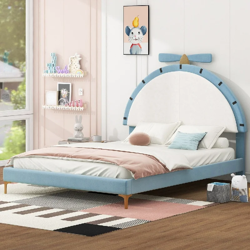 Full Size Velvet Upholstered Platform Bed with Alarm Clock-Shaped Headboard and Wood Slats