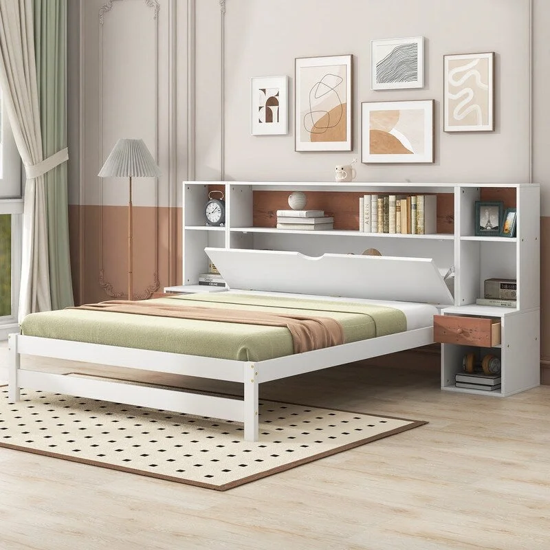 Full Size White Wood Platform Bed with Storage Headboard and Drawers For Bed Room