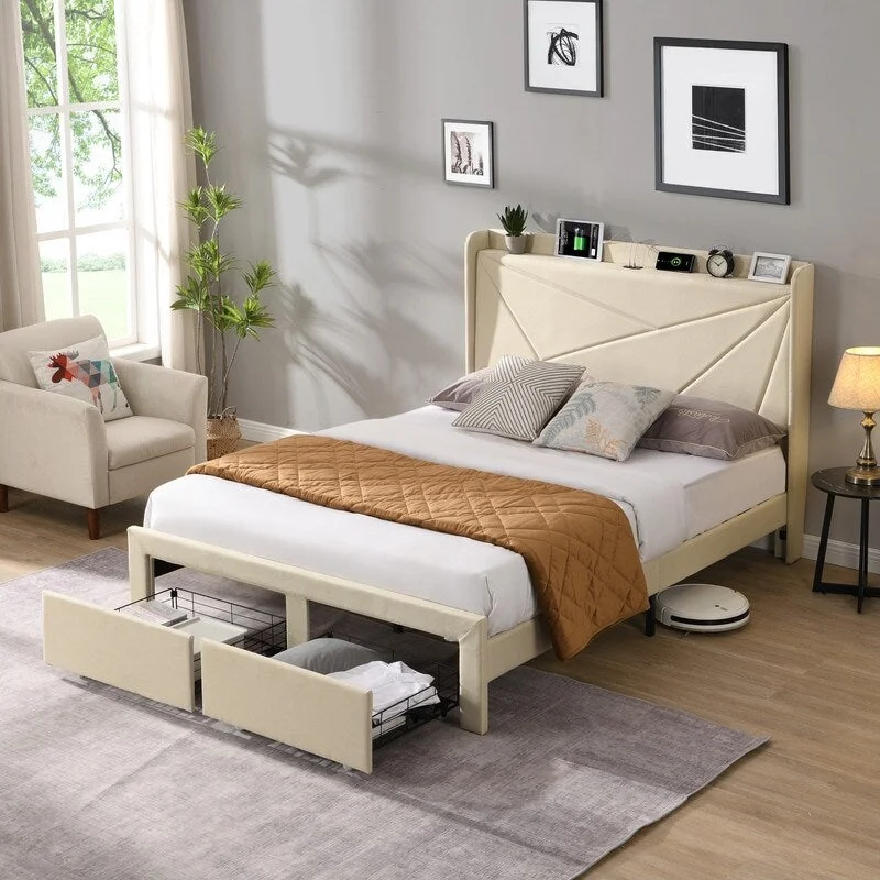 Full Size Wingback Headboard Upholstered Bed Frame with 2 Drawers, Storage Shelf Built-in USB Charging Stations