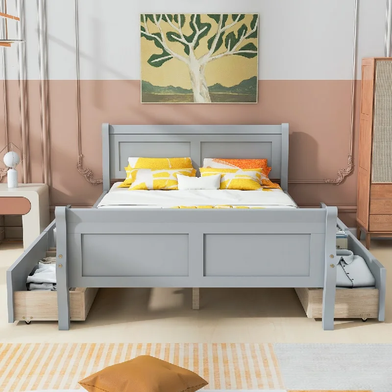 Full Size Wood Platform Bed with 4 Drawers and Streamlined Headboard & Footboard Storage Bed Frame for Kids Teens Adults, Gray