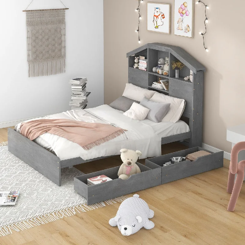 Full Size Wood Platform Bed With House-shaped Storage Headboard And 2 Drawers,Kids Bedroom Sets