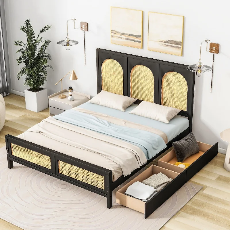 Full Size Wood Storage Platform Bed with 2 Drawers, Rattan Headboard and Footboard