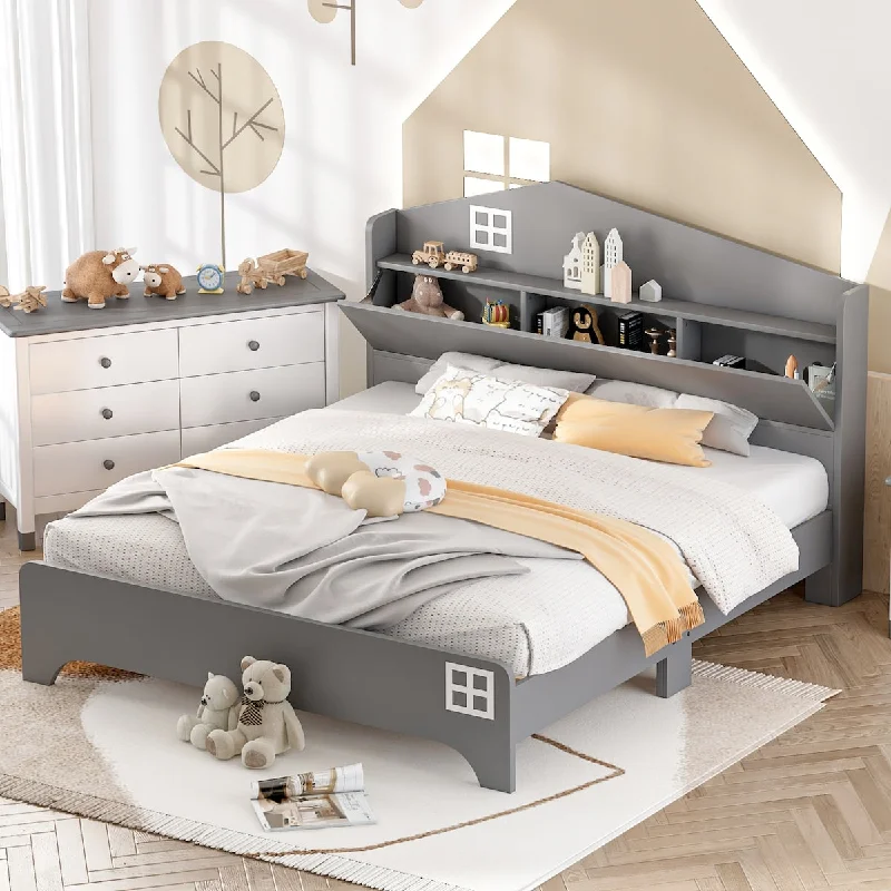 Full Size Wooden House Bed Kids Bed with Storage Headboard with Storage Shelf,Solid Construction