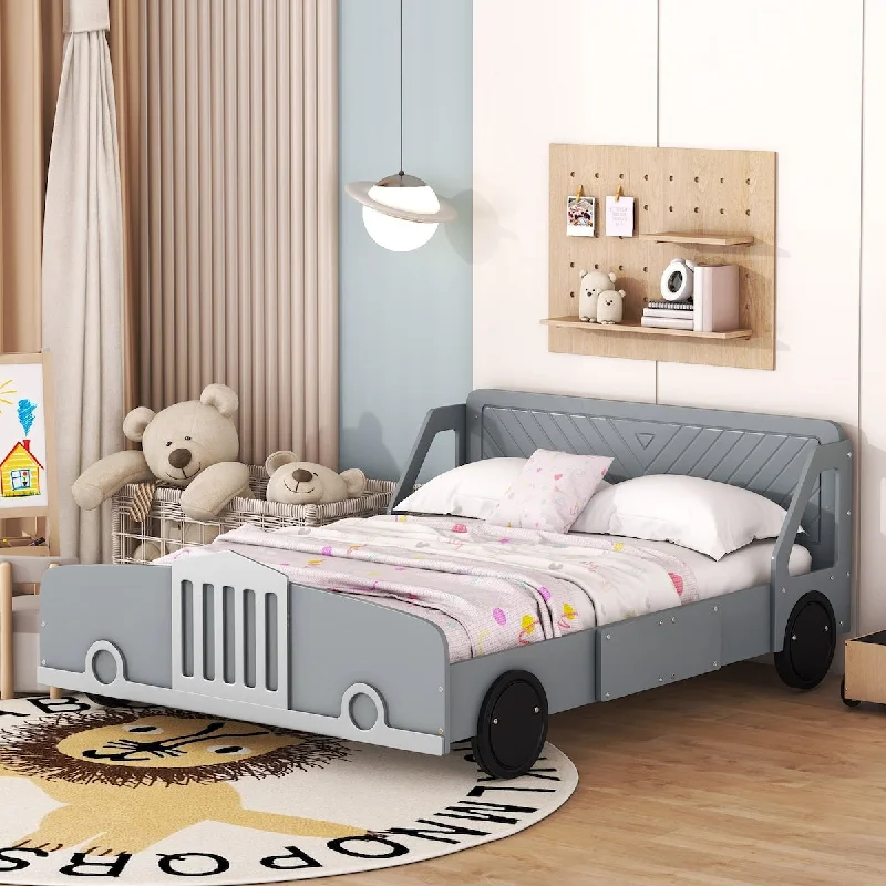 Gray Unique Car Platform Bed with Headboard and Safety Rails