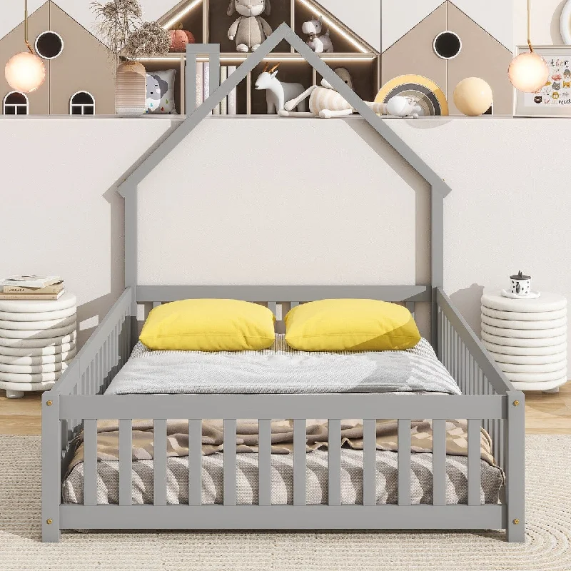 Grey Full House-Shaped Headboard Floor Bed with Safety Guard Rails & Door Wooden Panel Bed Frame for Kids, Teens, Girls, Boys