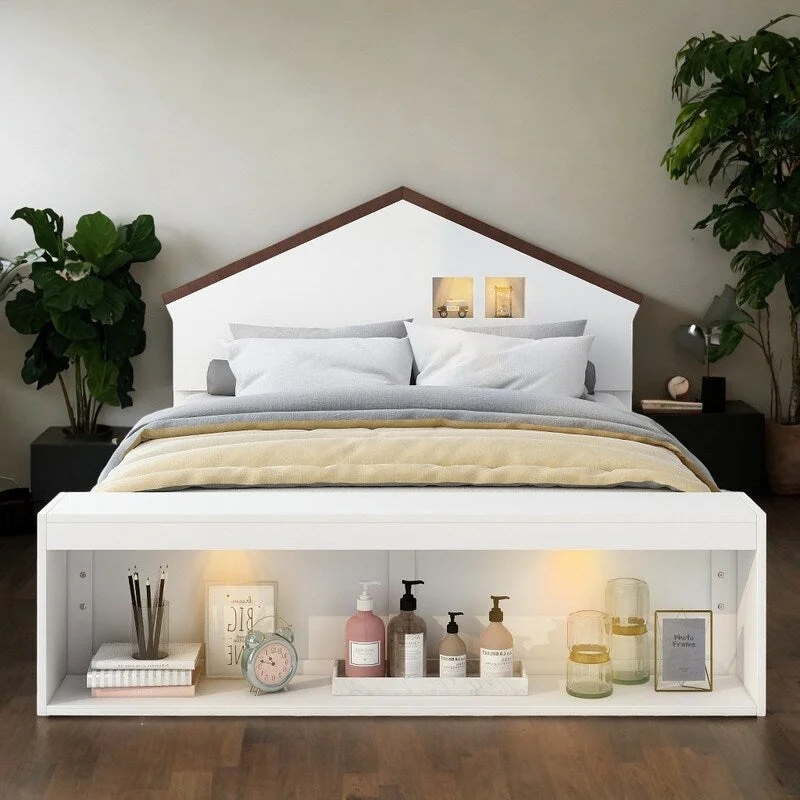 House-shaped Headboard Bed with LED Lights, Full Size Platform Bed with Storage, Wooden Bed with Support Legs, White