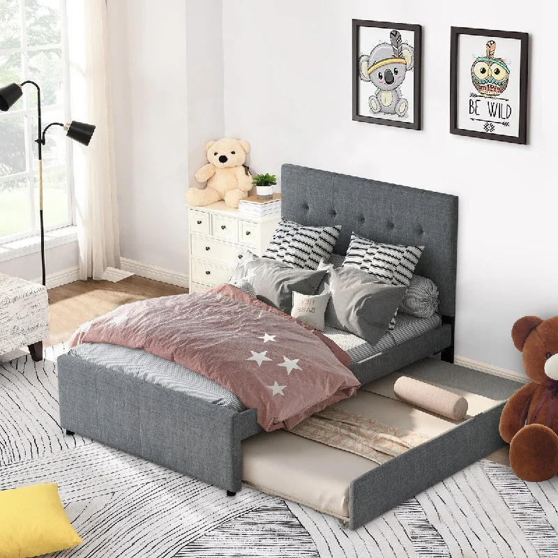 Linen Upholstered Platform Bed, Kid Bed With Headboard And Trundle