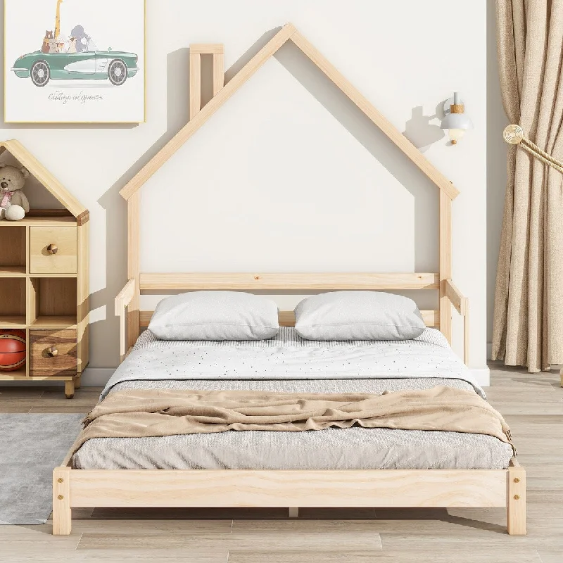 Natural Full Size House-Shaped Headboard Floor Bed with Handrails for Kids, Teens, Girls, Boys Space-Saving, Easy Assembly