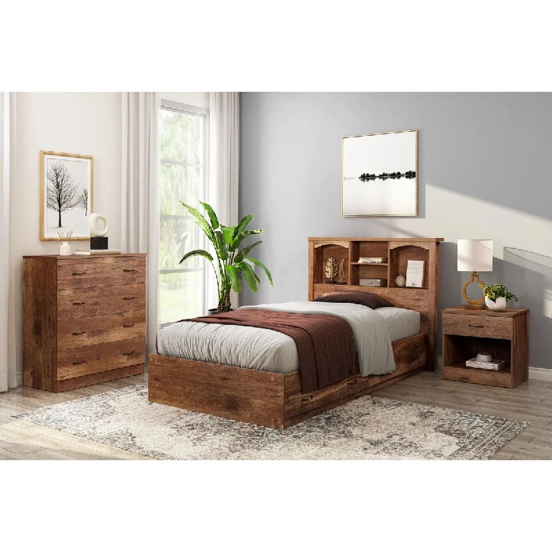 OS Home and Office Furniture Model 6008K Twin Sized Bookcase Headboard and Twin Sized Platform Bed Combo in Mountain Oak