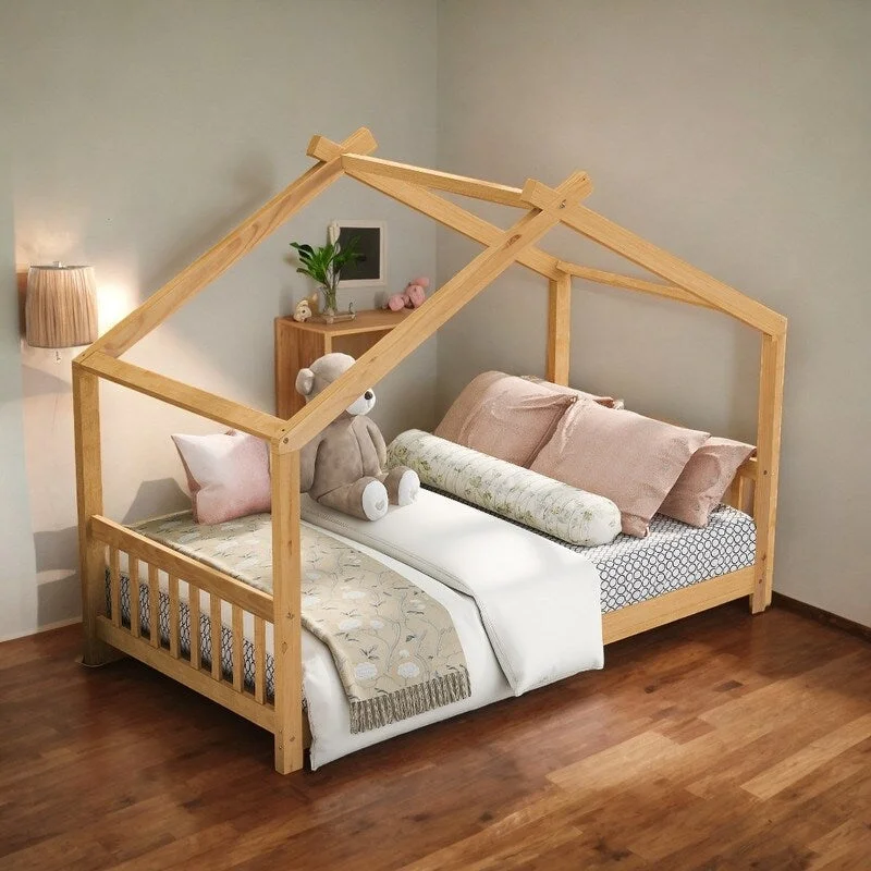 Platform Bed with Roof Design, Twin Size House-shaped Bed with Headboard and Footboard For Kids, Girls and Boys, Natural