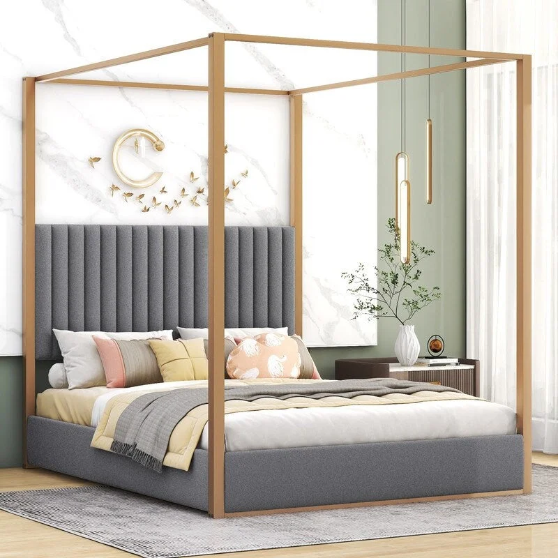 Queen Size Upholstery Canopy Platform Bed with Headboard and Metal Frame, Grey