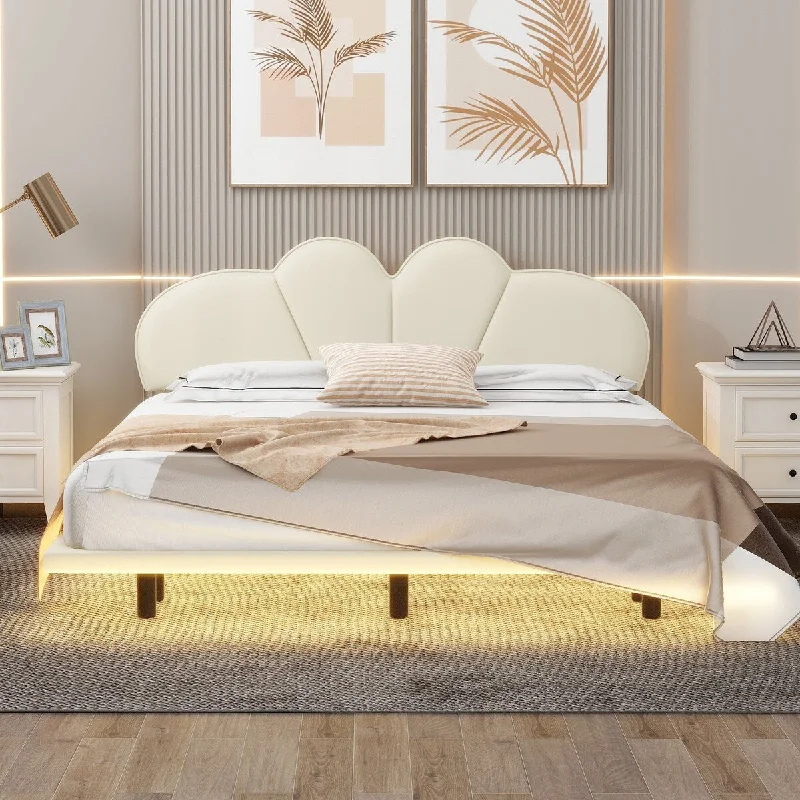 Queen Size Upholstery Platform Bed with PU Leather Headboard and Support Legs, Underbed LED Light for Kids Teens Adults, Beige