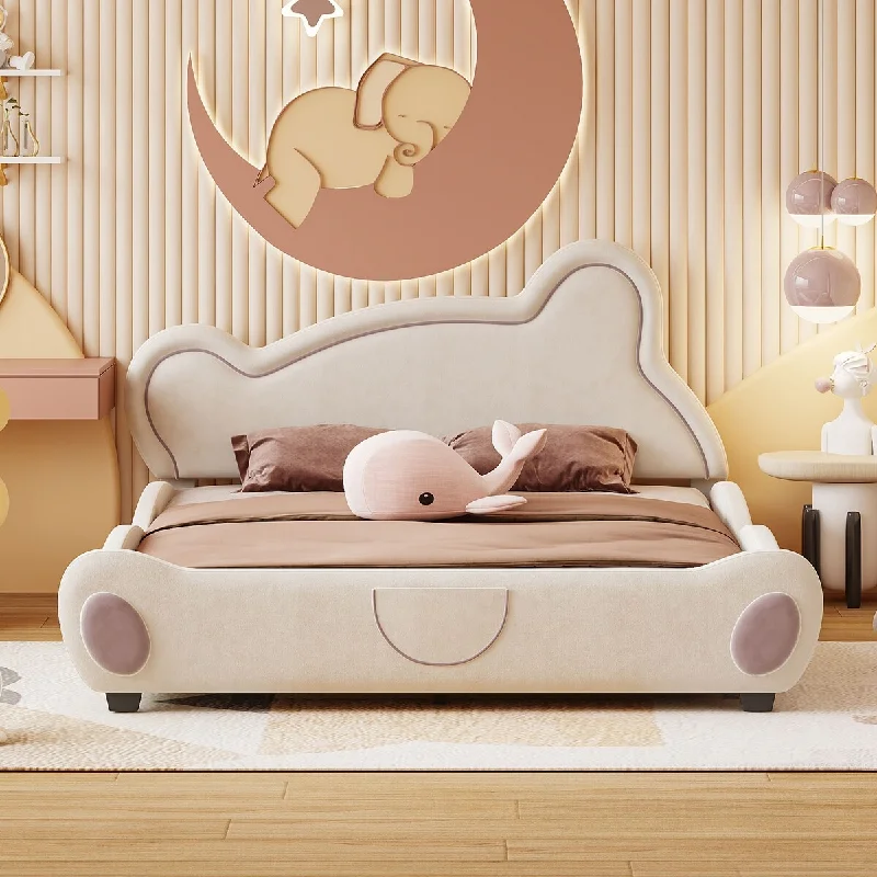 Queen Size Velvet Platform Bed with Bear-Shaped Headboard with Drawers with Bed-End Storage Pocket