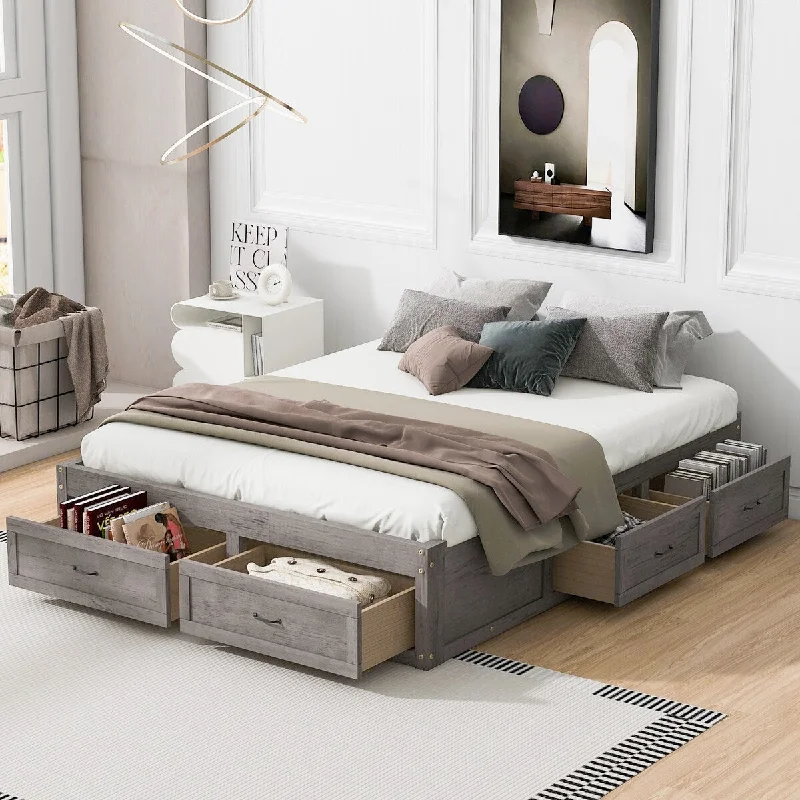 Queen Size Without Headboard Platform Bed with 6 Storage Drawers