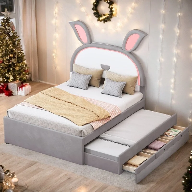 Twin/Full Size Upholstered Platform Bed Rabbit-Shaped Headboard with Embedded LED Lights and 3 Drawers