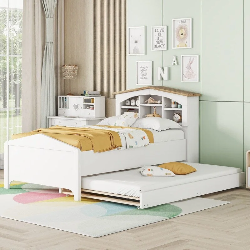 Twin House-shaped Platform Bed Storage Headboard and Trundle,White