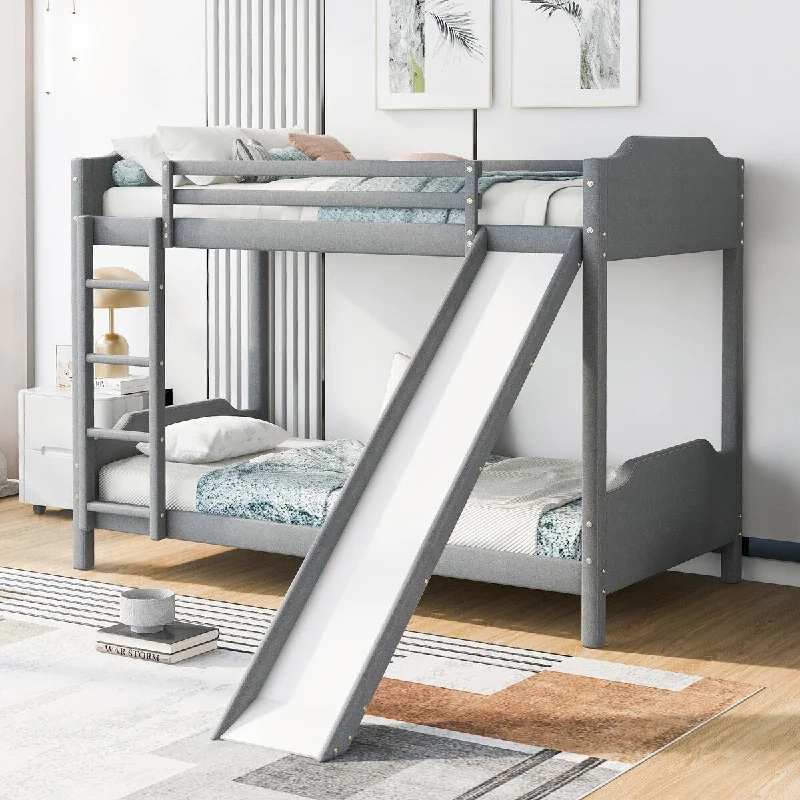 Twin over Twin Size Upholstery Bunk Bed with Convertible Slide and Ladder,Headboard and Footboard,Grey