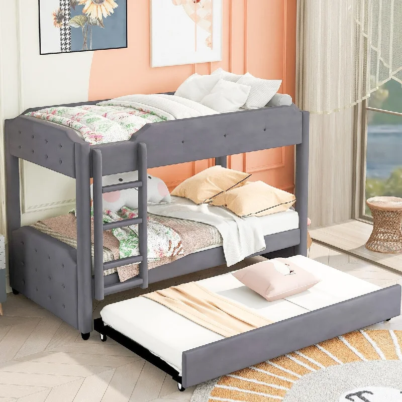 Twin over Twin Upholstered Bunk Bed with Trundle,Headboard and Footboard Design,Gray