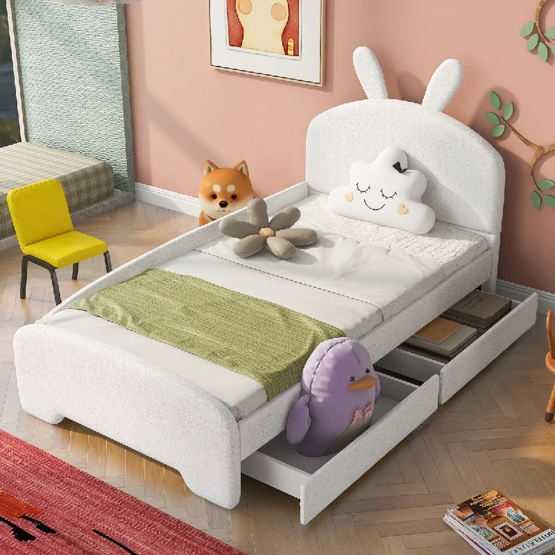 Twin Size Cute Upholstered Platform Bed With Cartoon Ears Shaped Headboard And 2 Storage Drawers