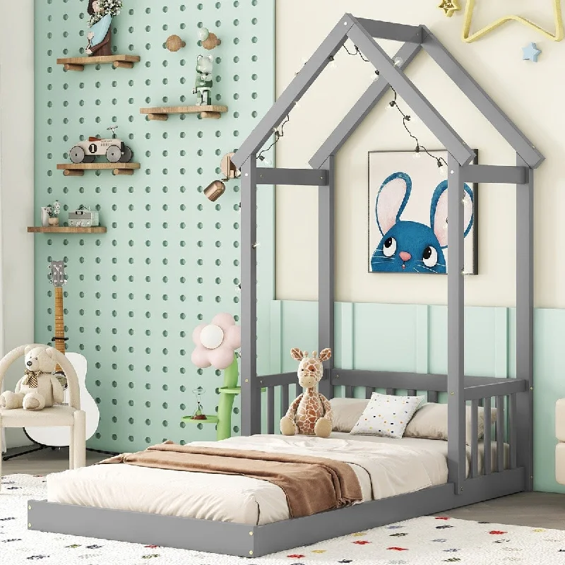 Twin Size Floor Bed With House-shaped Roof Headboard Without Slats,Quality and Safety GuaranteedFor Kids