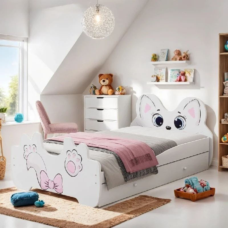 Twin Size Fox Pattern Platform Bed with Trundle, Cartoon Kids Bed Frame with Headboard for Bedroom Children Room, White